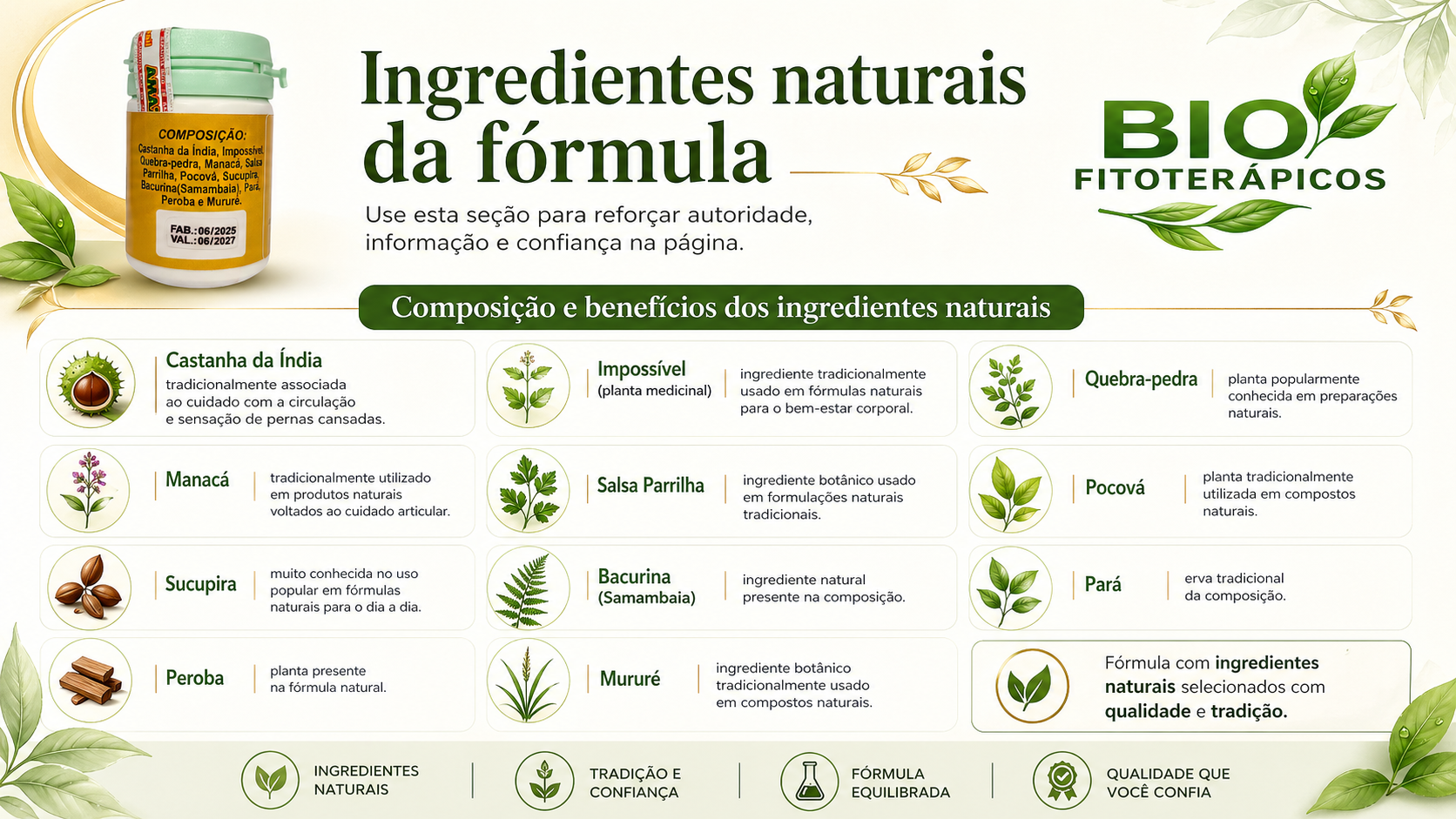 Imagem informativa sobre os ingredientes naturais da fórmula Castanha da Índia, com frasco do produto à esquerda, logo da Bio Fitoterápicos à direita e quadro detalhado com composição e benefícios de ingredientes naturais como castanha da índia, impossível, quebra-pedra, manacá, salsa parrilha, pocová, sucupira, bacurina, pará, peroba e mururé.
